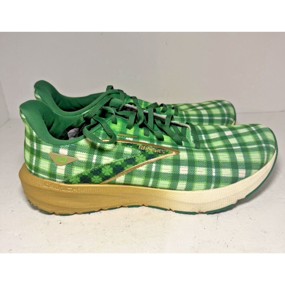 Brooks Shoes Women 9.5 Launch 10 Run Lucky Green Plaid Running Clover St Patrick